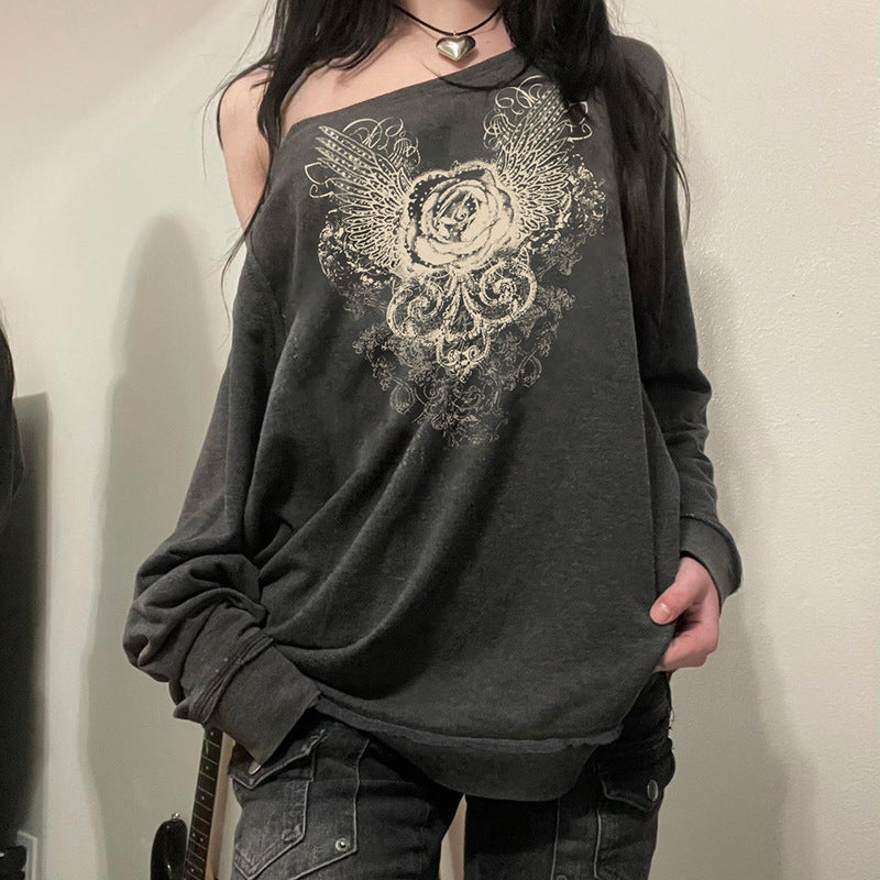 Retro Floral Print Diagonal Neck Loose Pullover Sweater