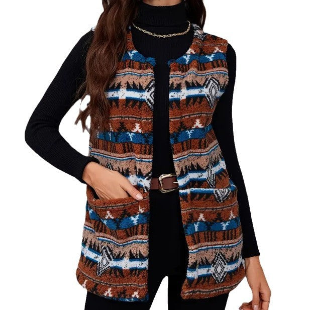 Autumn and Winter Ethnic Style Printed Large Pocket Plush Vest