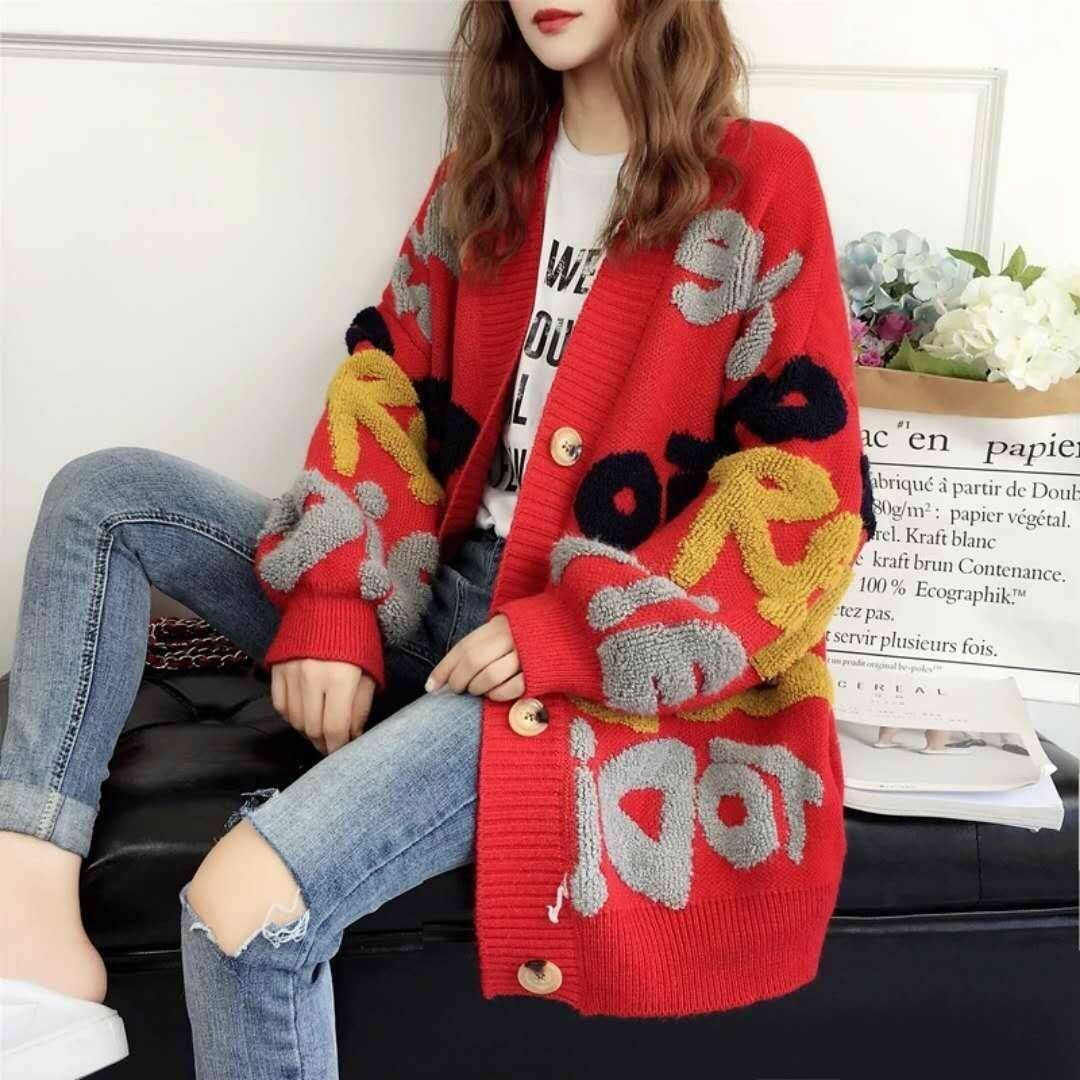 Foreign Trade Korean Style Loose and Idle Style Letter V-neck Mid-length Sweater
