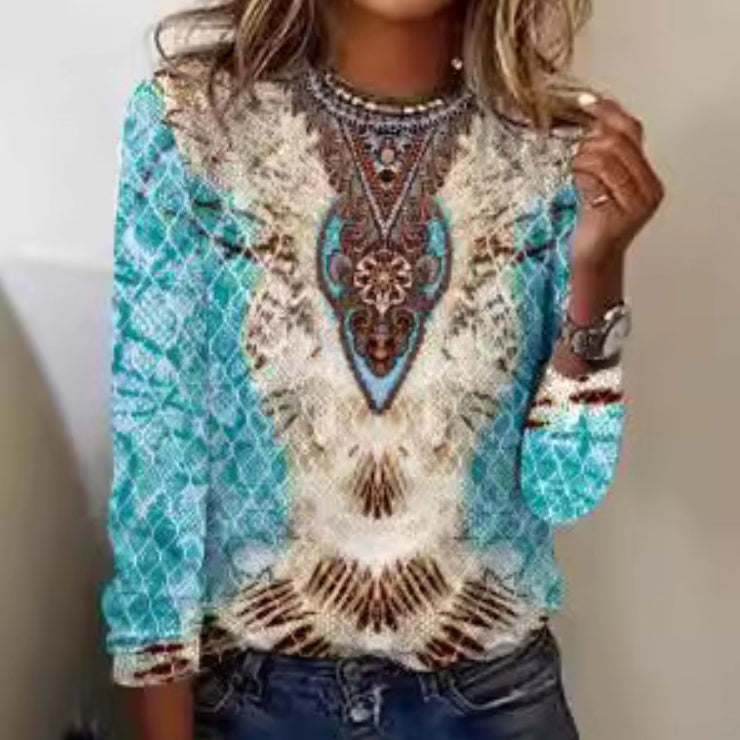 Gradient Floral Print Long Sleeve Round Neck Top
