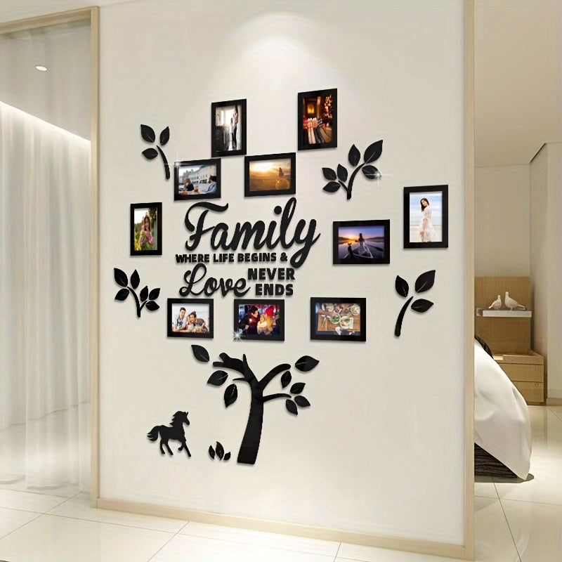 Black Acrylic Mirror Wall Decal - Family Photo Tree with Horse & Leaf Design, Removable Self-Adhesive Art for Home Decor, "Family: Where Life Begins and Love Never Ends" Quote, Modern Minimalist…