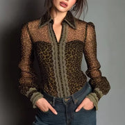 Sexy Lace Leopard-Print Vintage Long-Sleeve Top