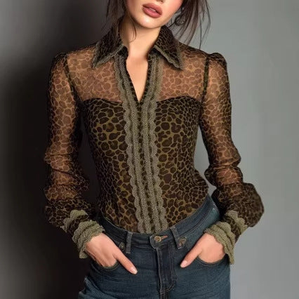 Sexy Lace Leopard-Print Vintage Long-Sleeve Top