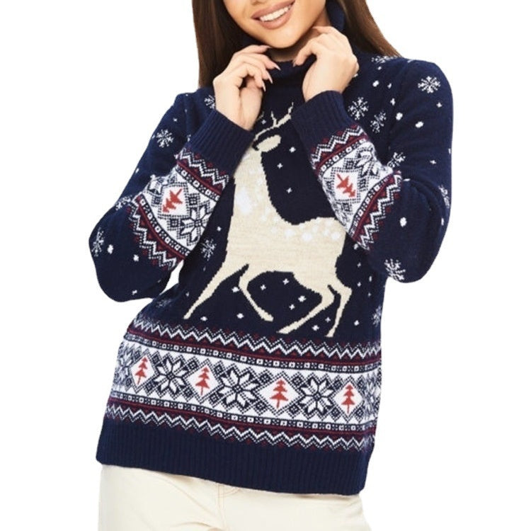 High Collar Loose Long Sleeve Snowflake Sweater for Women