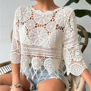 Crochet Hollow-Out Knit Top Solid Color Beach Bikini Cover-Up Skin-Friendly Tassel Casual Blouse