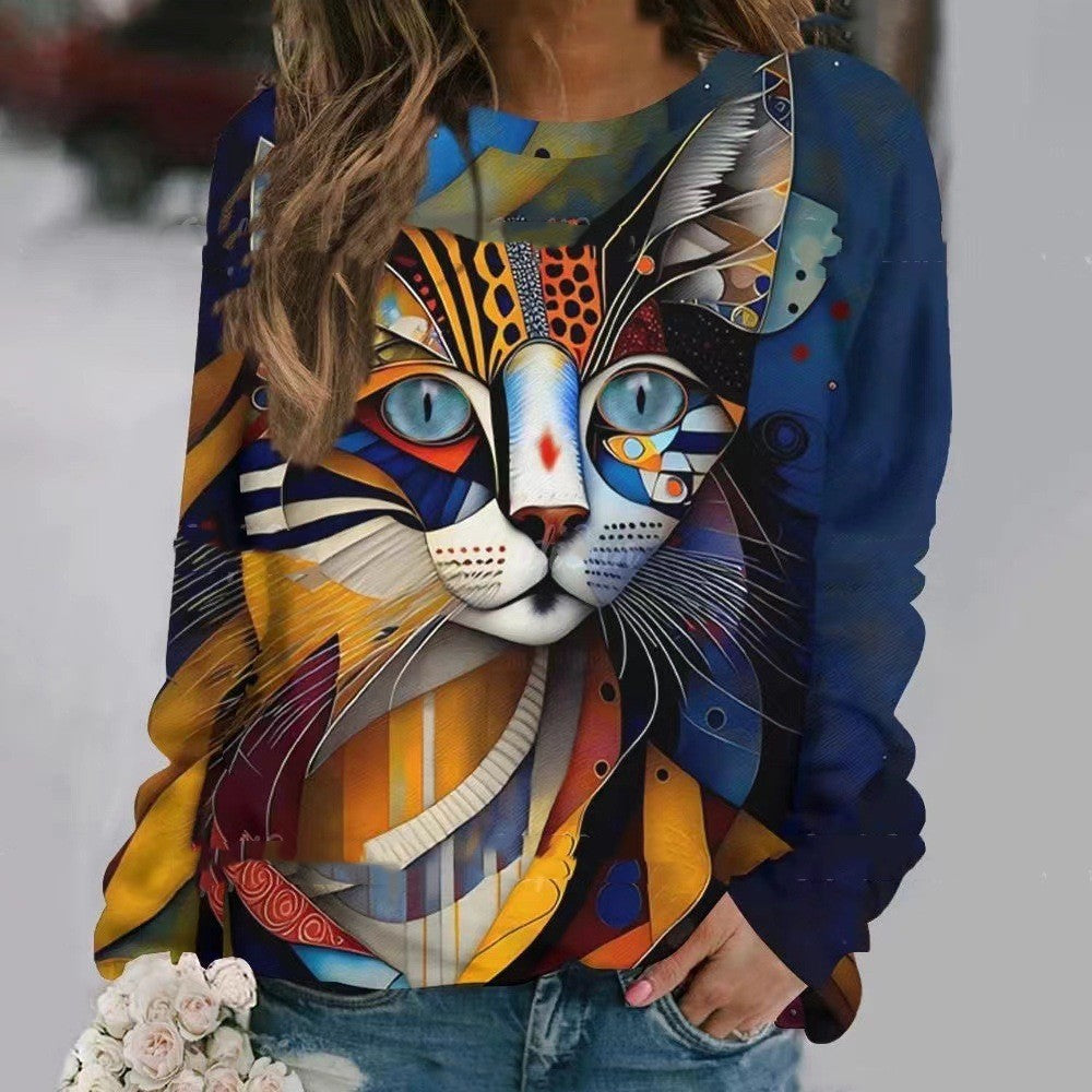 Women's 3D Digital Print Round Neck Pullover Sweater