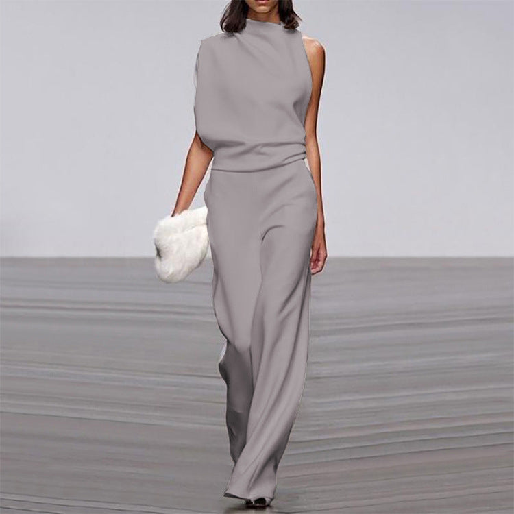 Solid Color One-Shoulder Pile Collar Jumpsuit