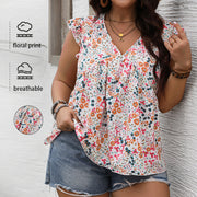 Lotus Edge Pullover Print Casual V-neck Sleeveless Short Shirt