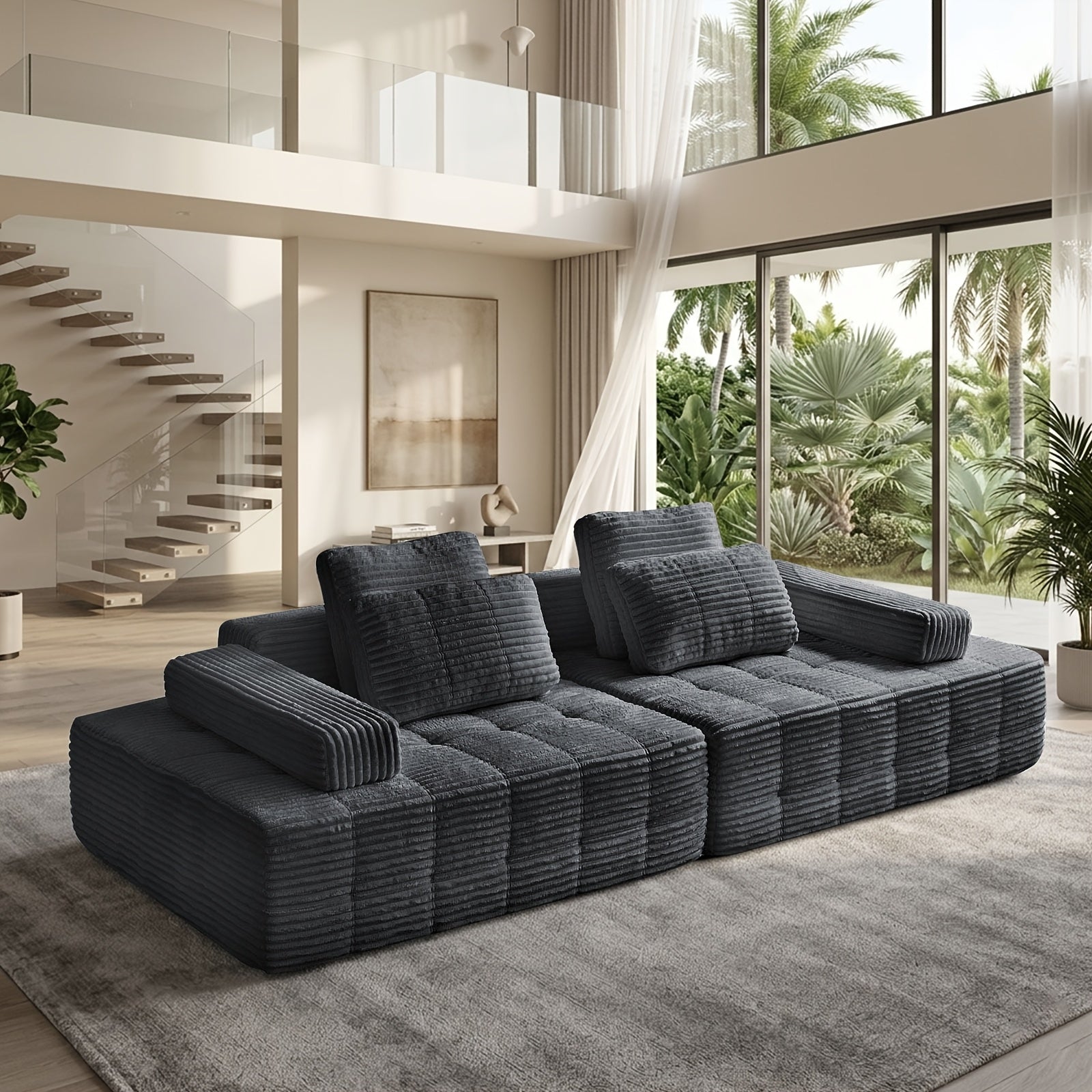 Modular L-shaped chaise longue sofa bed with deep seat and corduroy upholstery