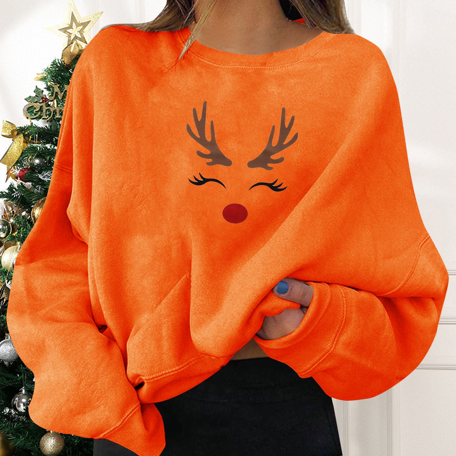 Festive Round Neck Print Christmas Sweatshirt