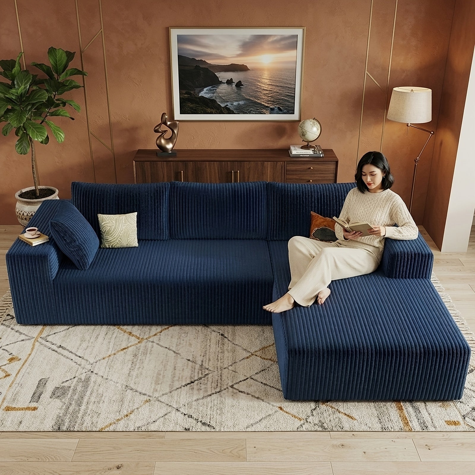 Modular L-shaped chaise longue sofa bed with deep seat and corduroy upholstery
