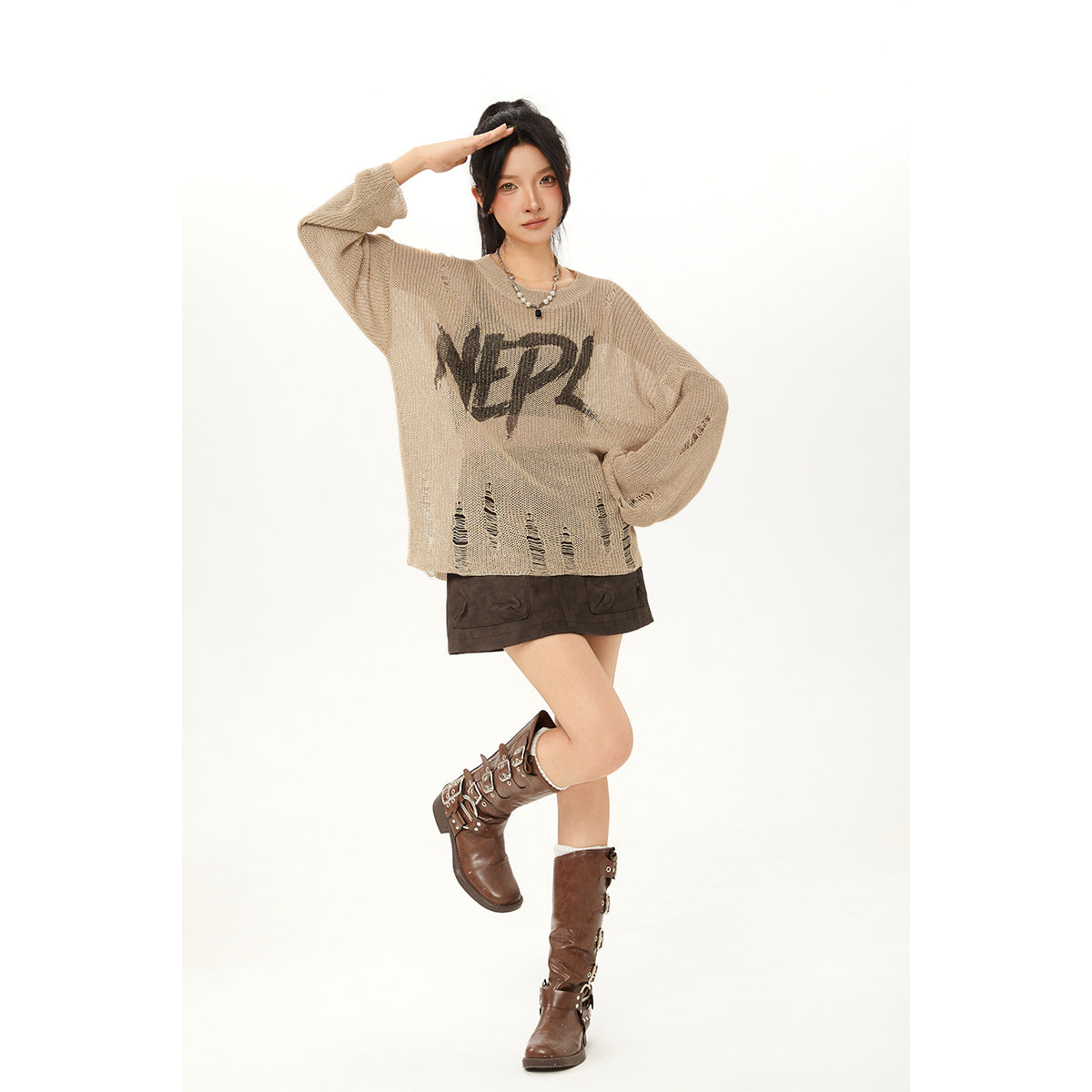 Retro Distressed Knit Top Casual Loose Long-Sleeve T-Shirt