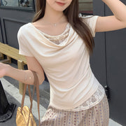Apricot Lace-Trim Off-Shoulder T-Shirt – Trendy Korean Style