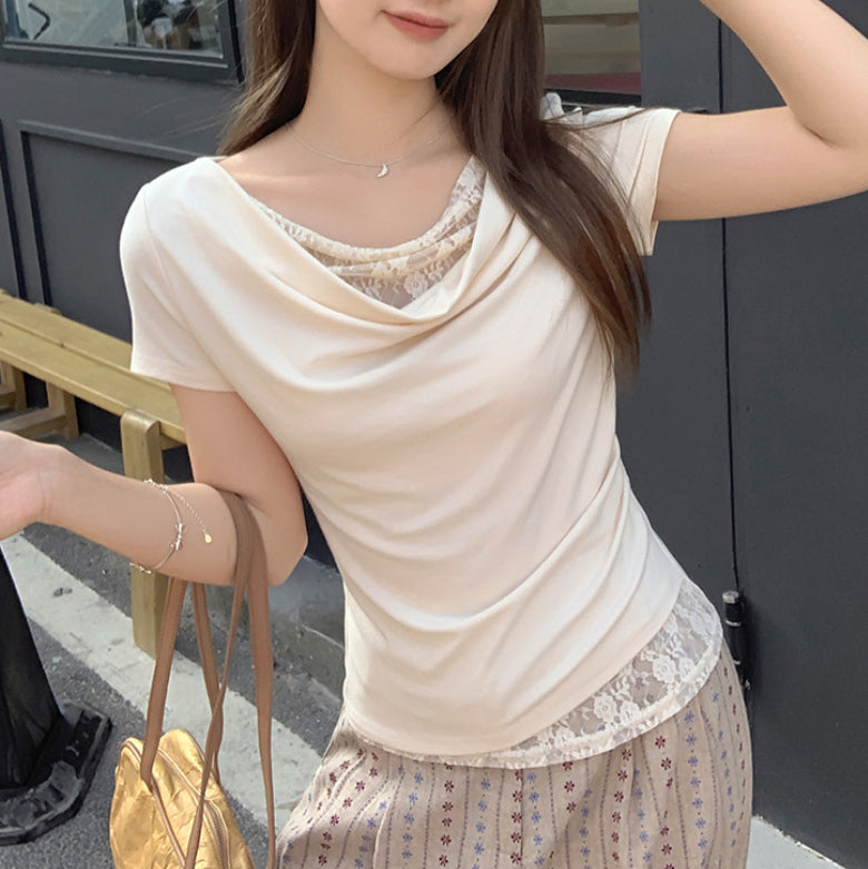 Apricot Lace-Trim Off-Shoulder T-Shirt – Trendy Korean Style