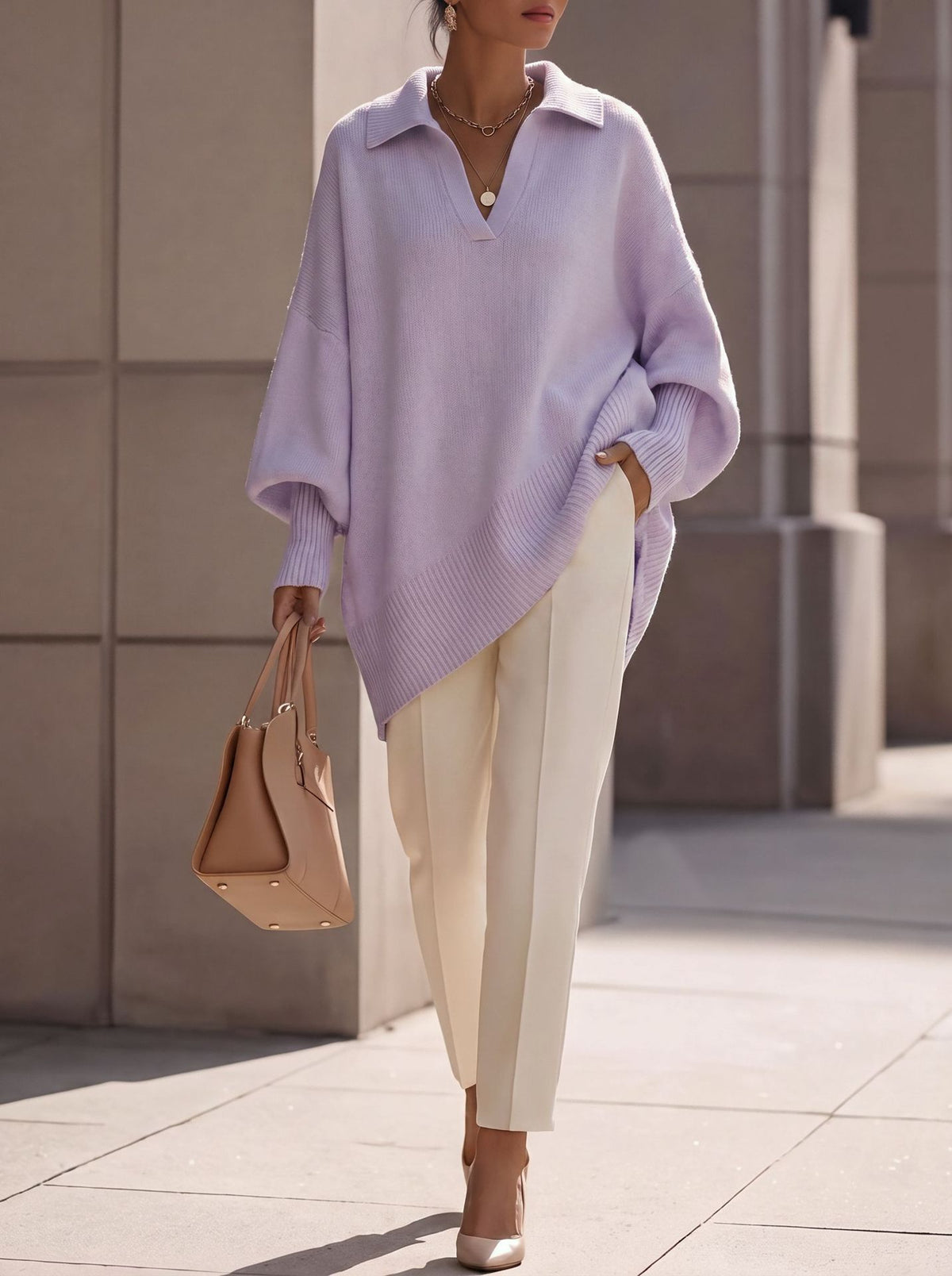 Lapel-collar Loose-fit Solid-color Sweater with Lantern Sleeves