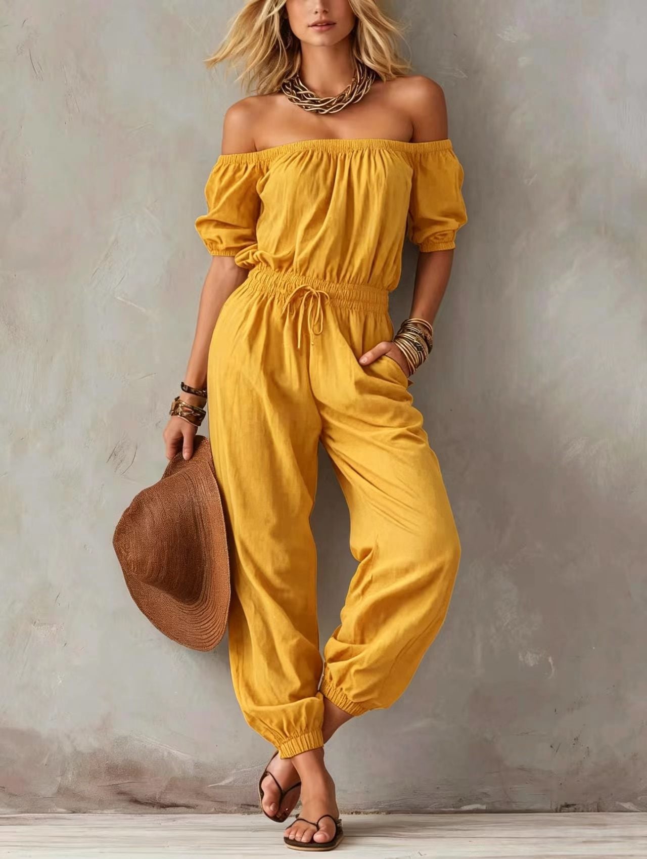 Off-shoulder Waist-cinching Lace-up Relaxed-fit Casual Jumpsuit