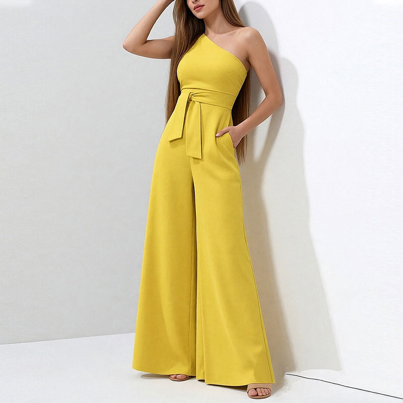 Solid Color Straight-leg Pants Strapless Lace-up Jumpsuit For Women