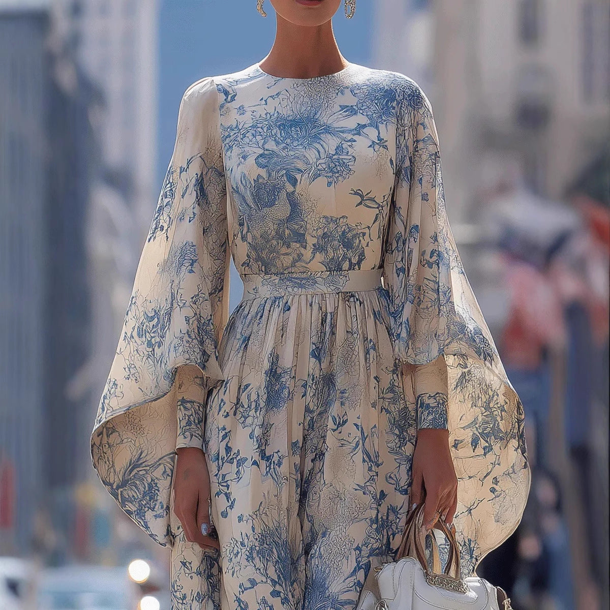 Printed French-style High-waisted Figure-hugging Long Dress with Long Flared Sleeves