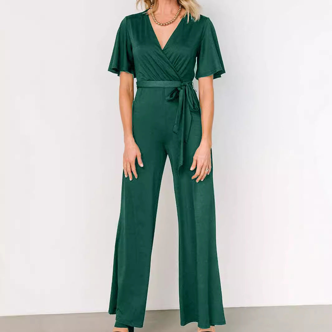 Women's Solid Short Sleeve Belted Casual Jumpsuit