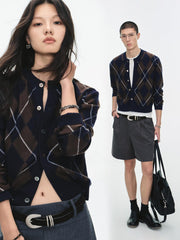 Wool Vintage Diamond-pattern Crew-neck Single-breasted Knit Cardigan