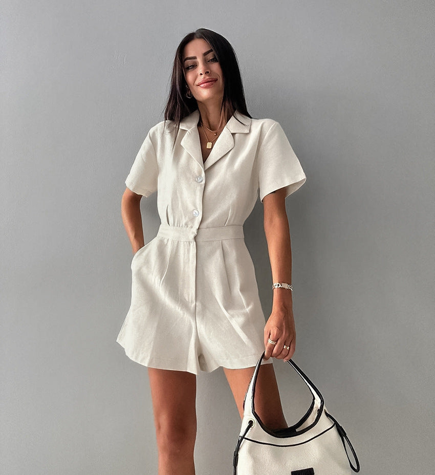 French Cotton Linen High-Waist Casual Jumpsuit
