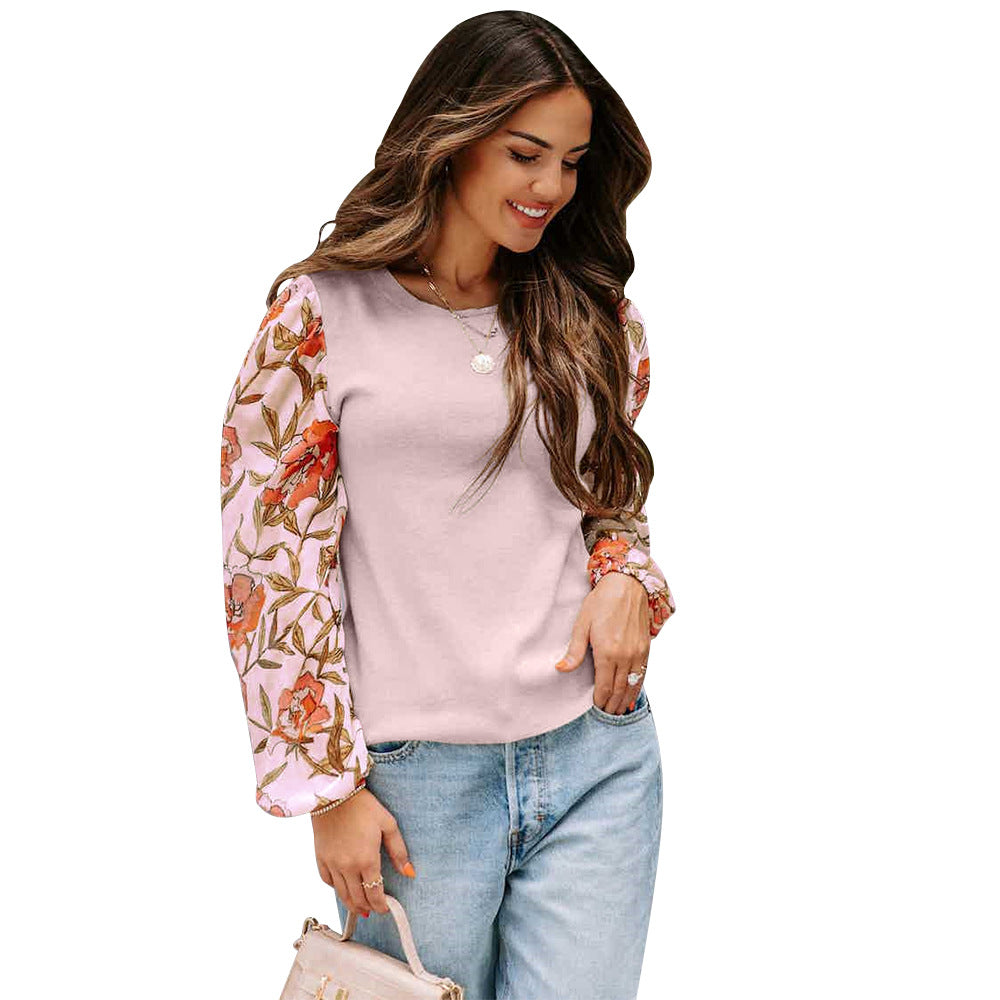 Chic Printed Lantern Sleeve Casual Pullover Sweater