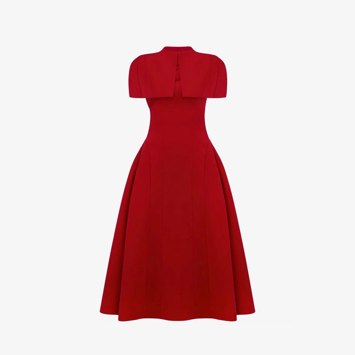 Elegant Red Cape Overlay Fit & Flare Midi Dress Set