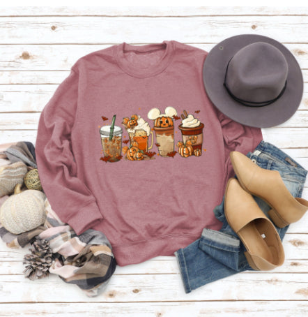 Cozy Floral Print Round Neck Christmas Latte Sweater