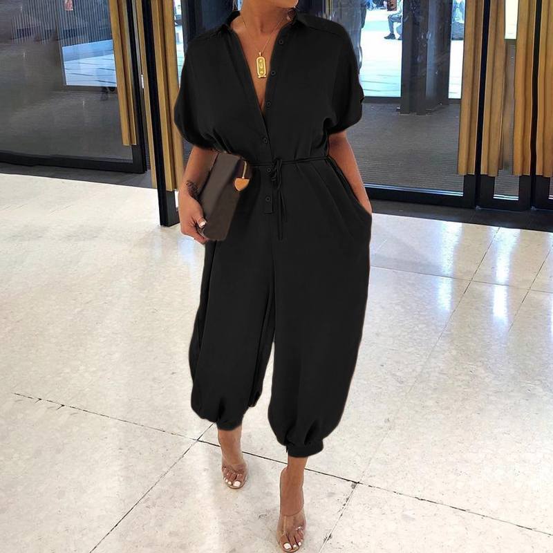 Retro Women's Short-Sleeve Casual Button Jumpsuit