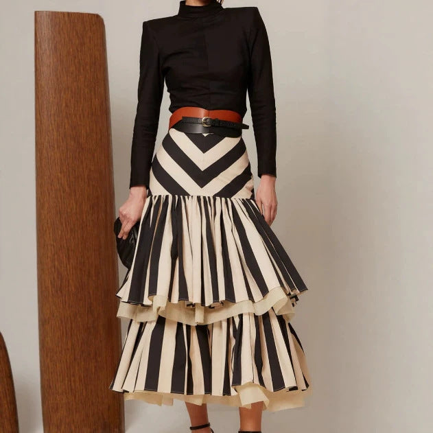 Striped Patchwork Pleated Skirt for Women