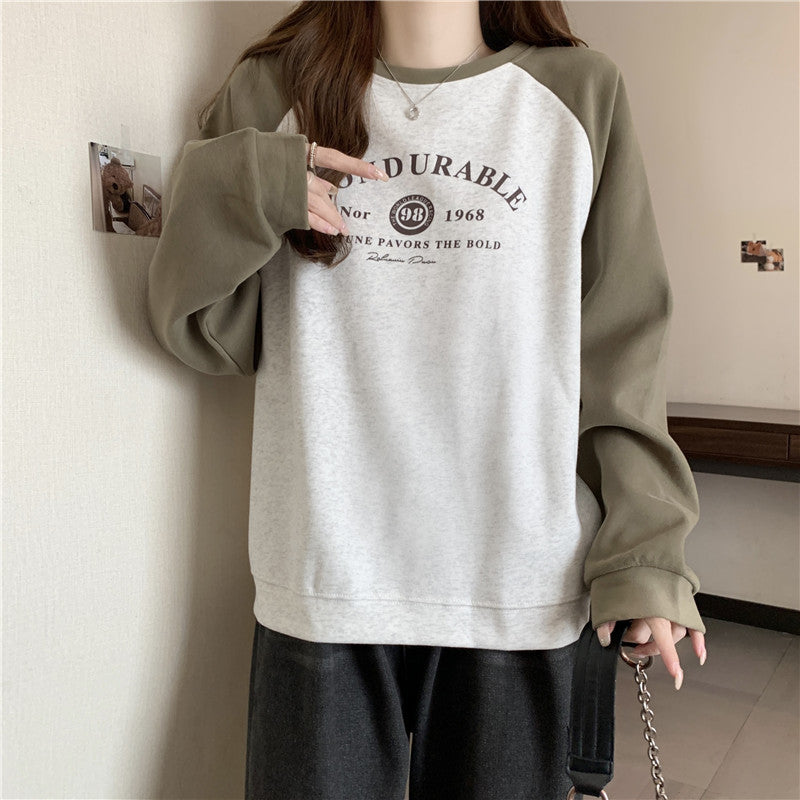 Cozy Contrast Color Raglan Hooded Sweatshirt
