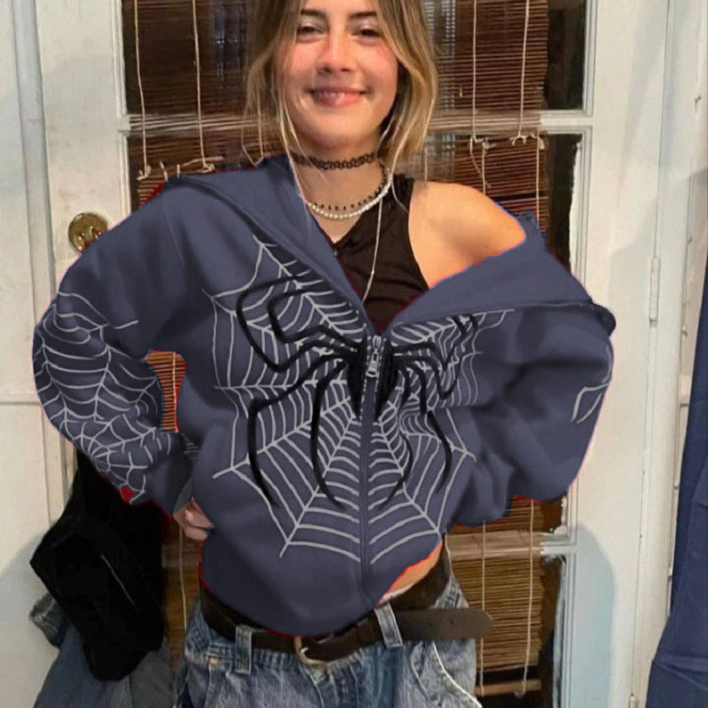 Spider Web Print Zip-Up Hoodie Streetwear Pullover