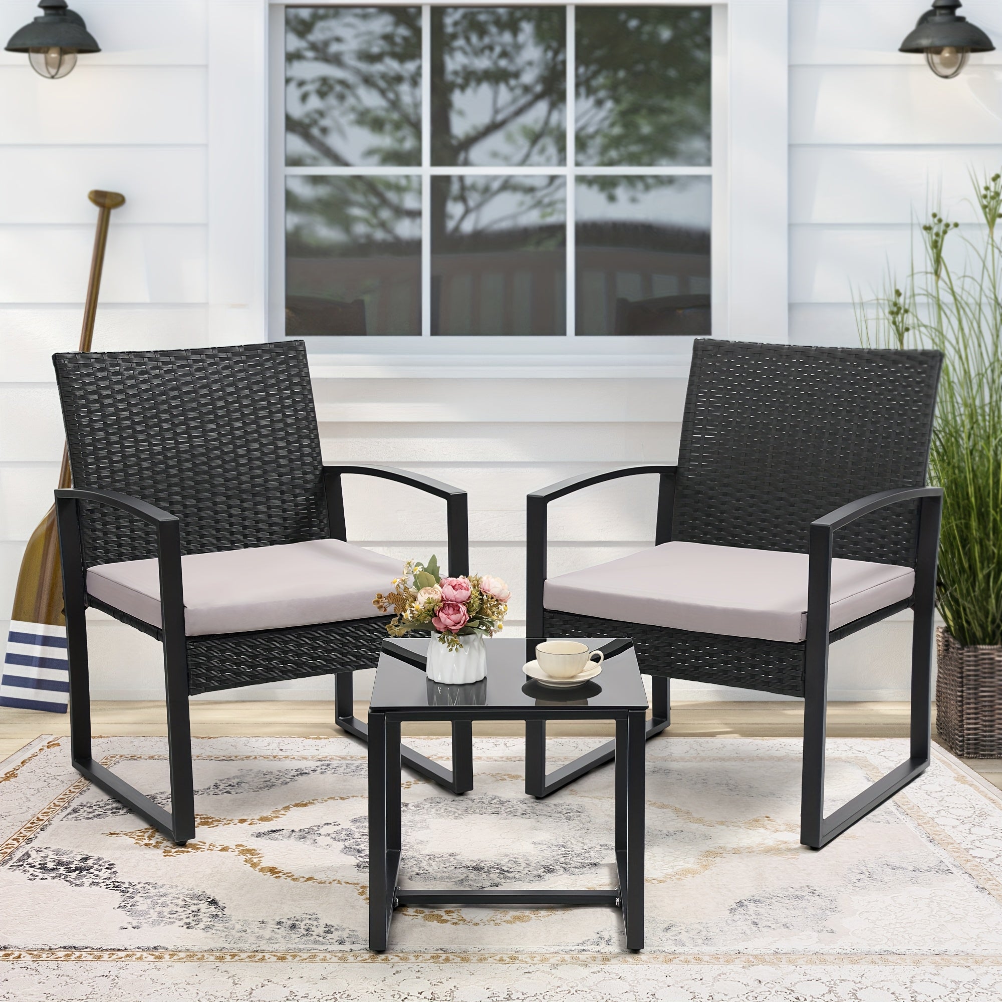 Outdoor Patio Furniture Set, Rattan 3pcs Bistro Set with Tempered Glass Table, Thick Cushions, Ideal for Patio, Garden,