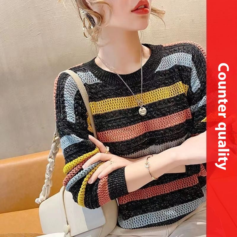 Loose Short Hollow Color Striped Sweater