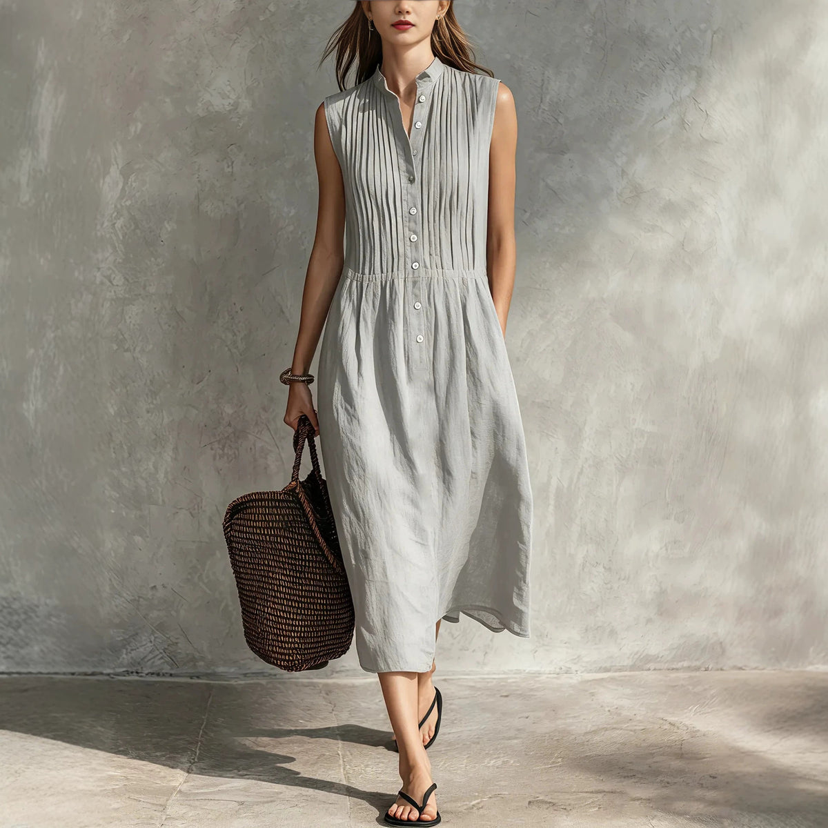 Womens Fashion Simple and Elegant Sleeveless Single-breasted Dress