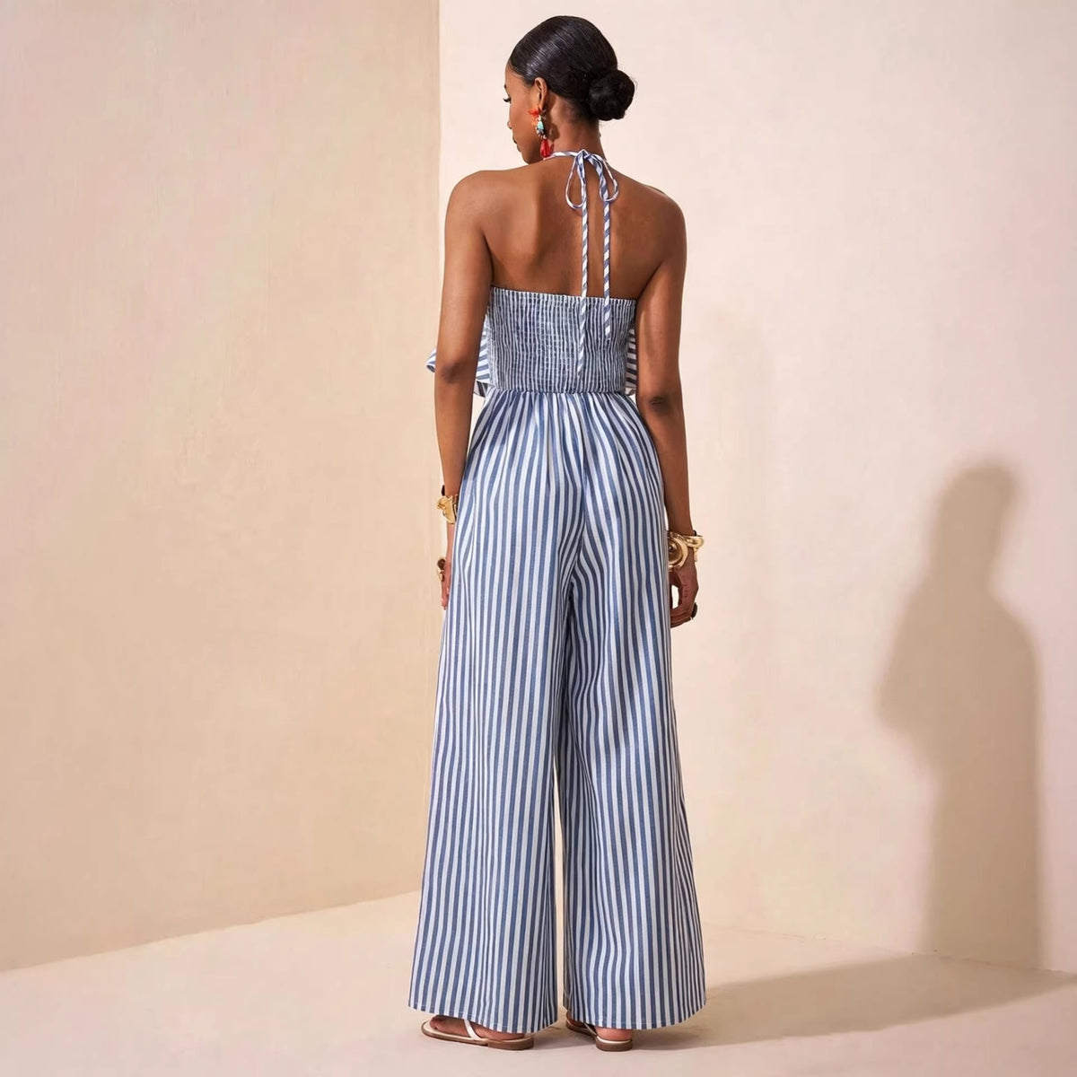 Striped Lace-Up Backless Halter Wide-Leg Jumpsuit