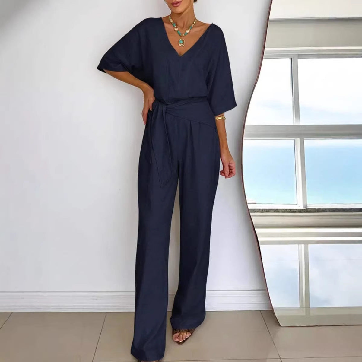 Womens V-neck Casual Mid-length Sleeve Belted Jumpsuit