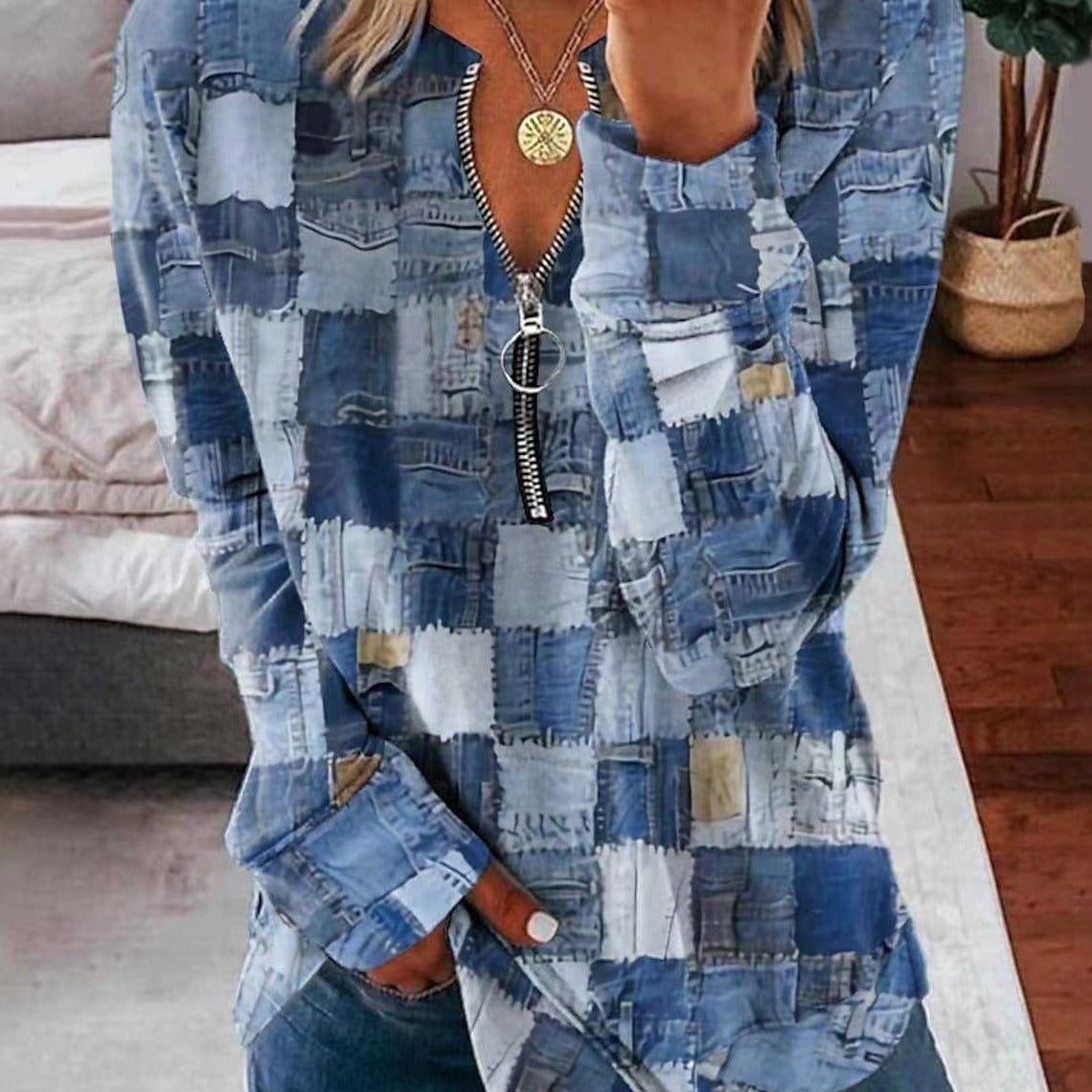 Faux Denim Zip Pullover Casual Top