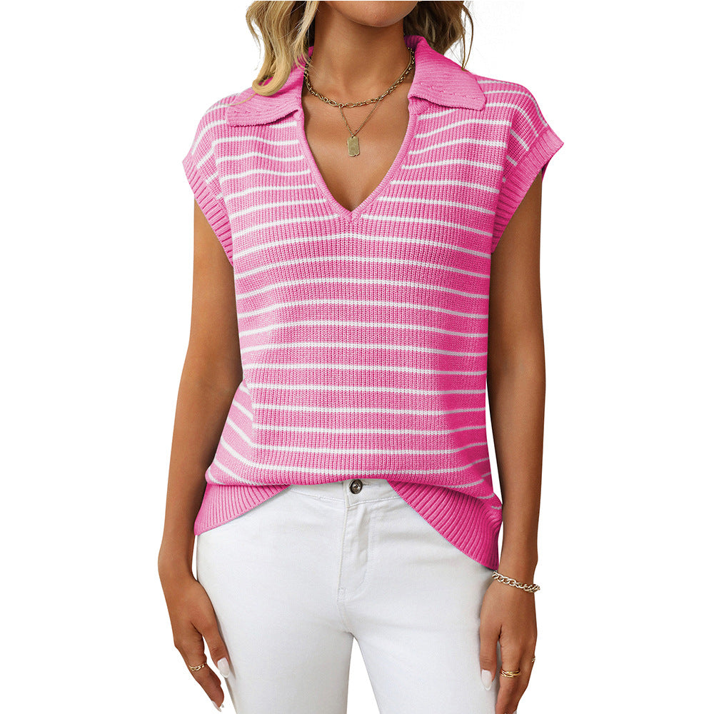 Women's V-neck Knitted Top Casual Striped Collar Sweater