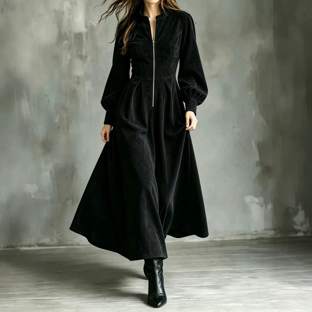 Womens Zippered Dress with Lantern Sleeves and a Defined Waist