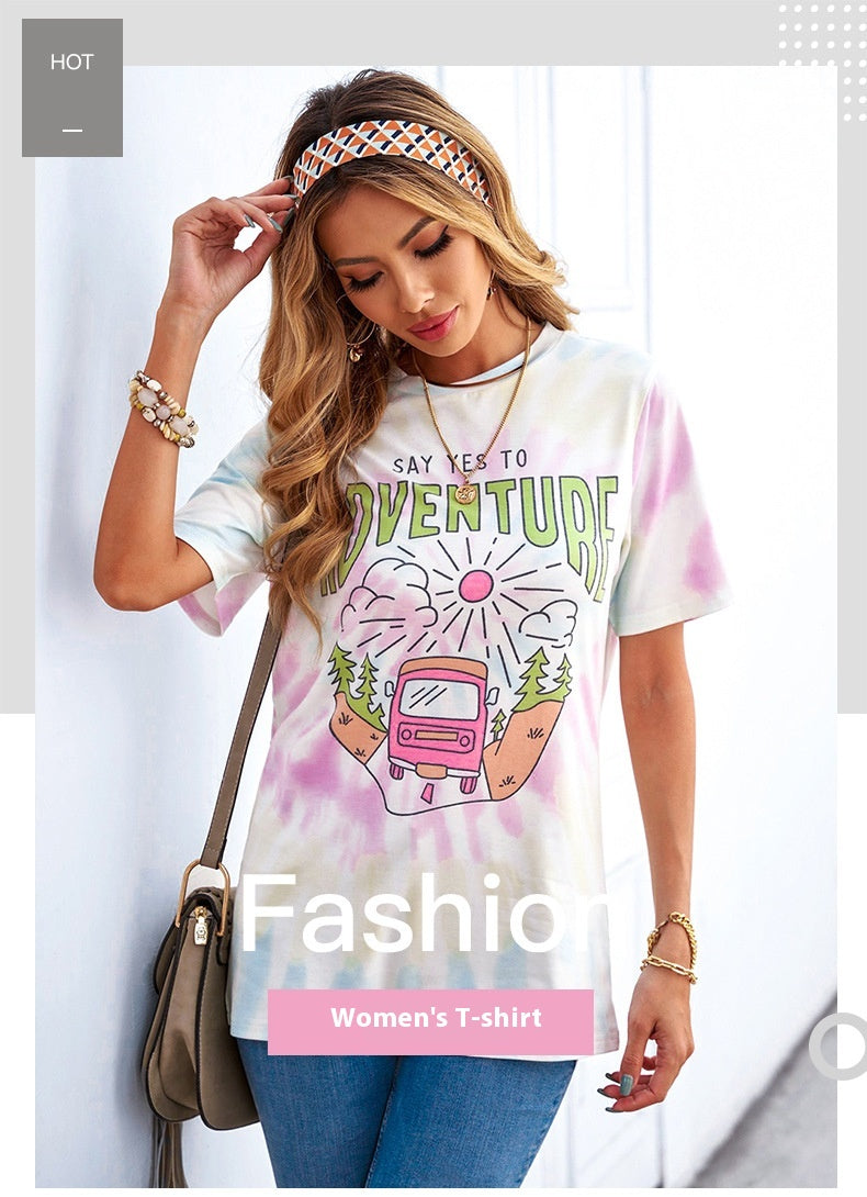 Casual Tie-Dyed Letter Print Short-Sleeve T-Shirt