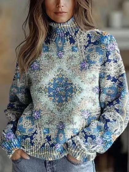 Womens Floral-print Turtleneck Sweater