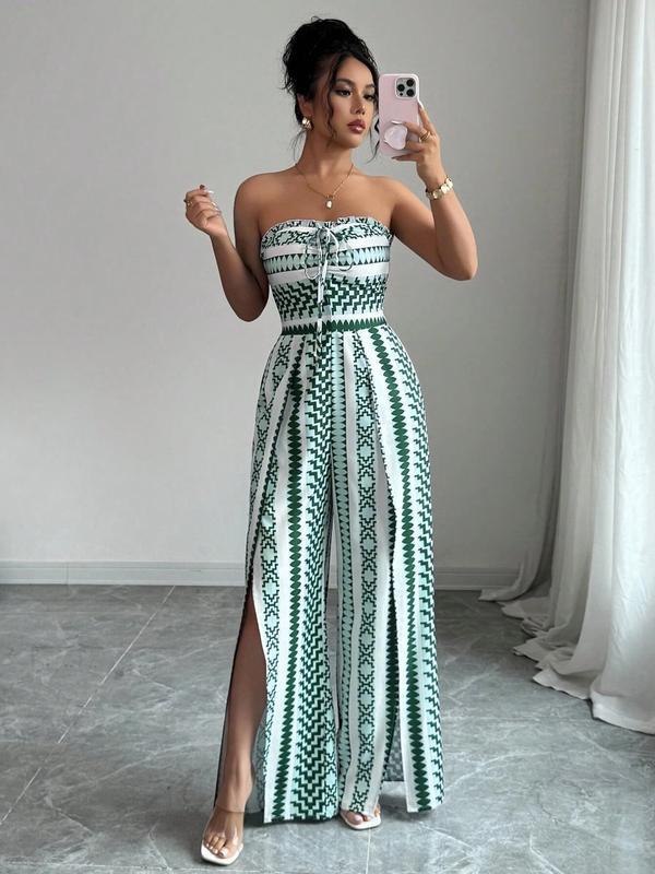 Womens Stylish Belted Slit-print Jumpsuit With A Cinched Waist