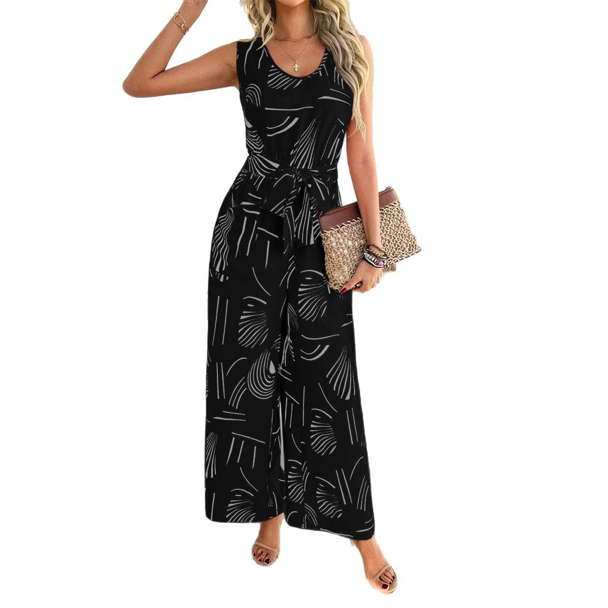 Casual Resort-Style Rayon Printed High-Waisted Jumpsuit With Pockets