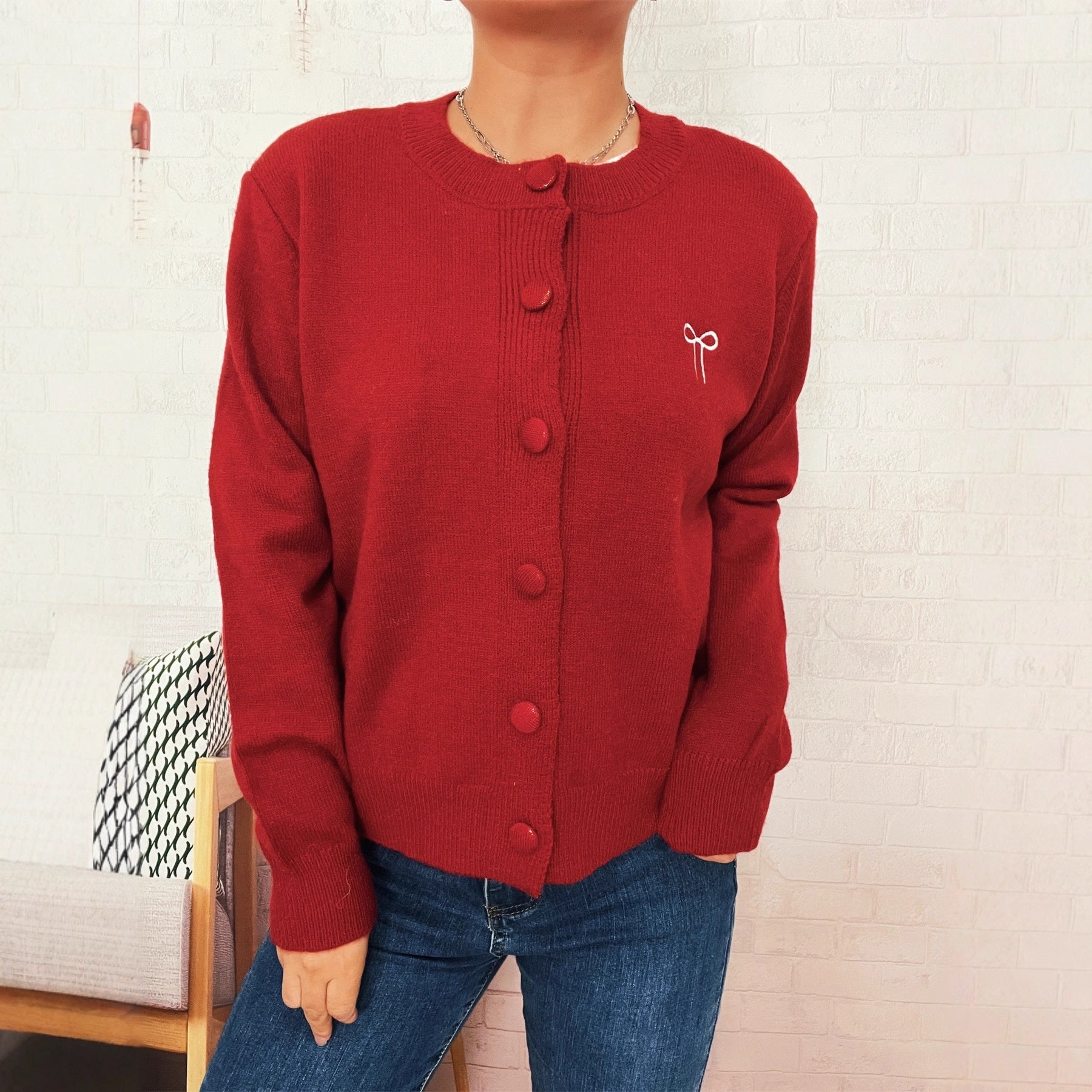 Chic Bow Embroidered Knit Cardigan Sweater Set
