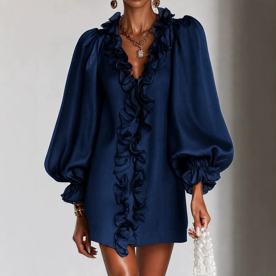 Ruffle Puff-Sleeve Loose Mini Dress