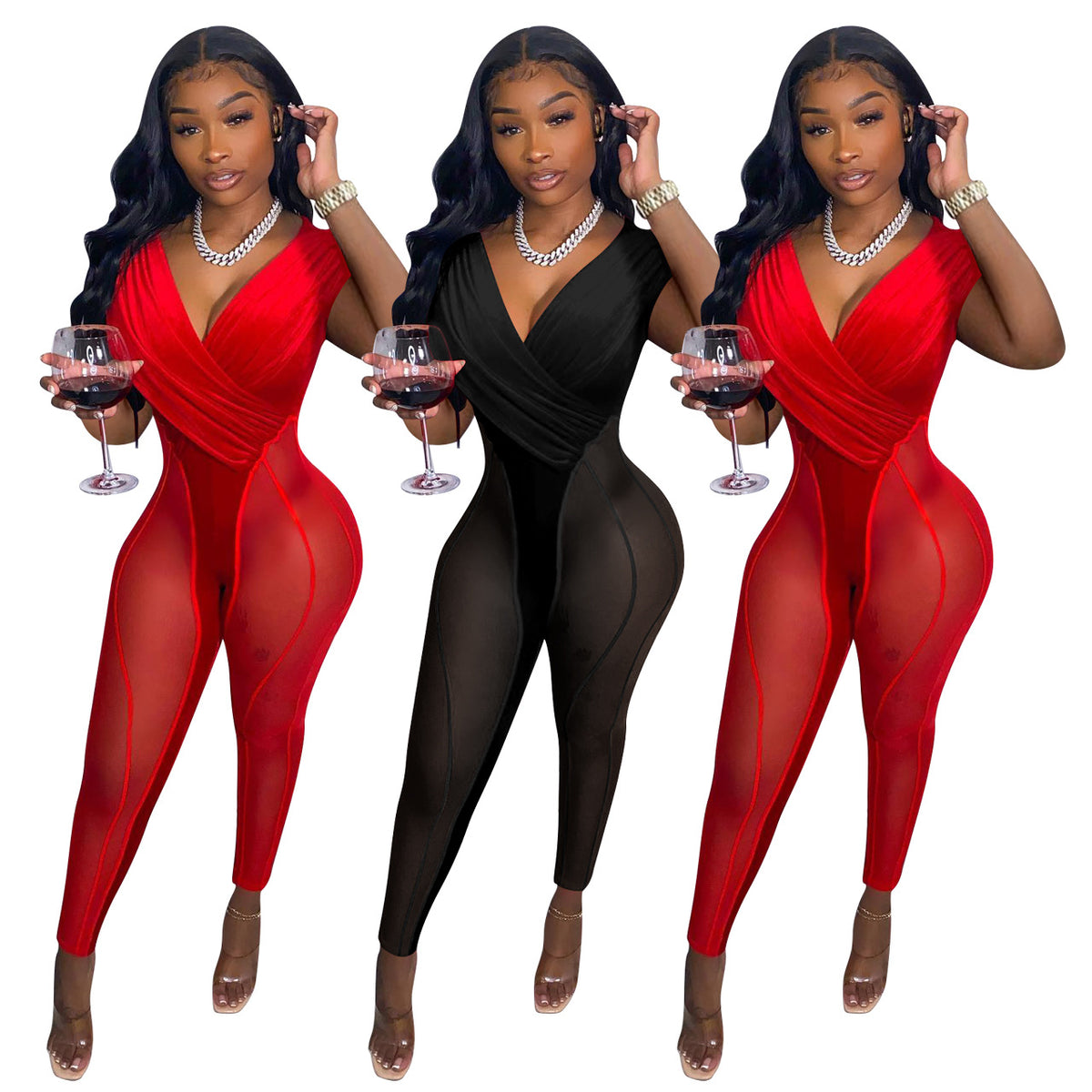 Women's Mesh Patchwork Slim Streetwear Jumpsuit