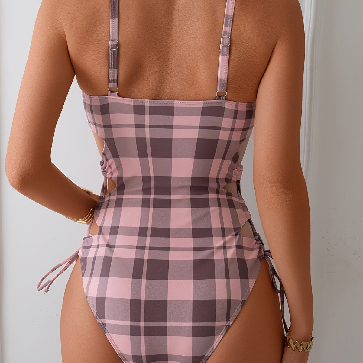 New Style Plaid Sexy Strappy Hollow-Out One-Piece Onsen Swimsuit