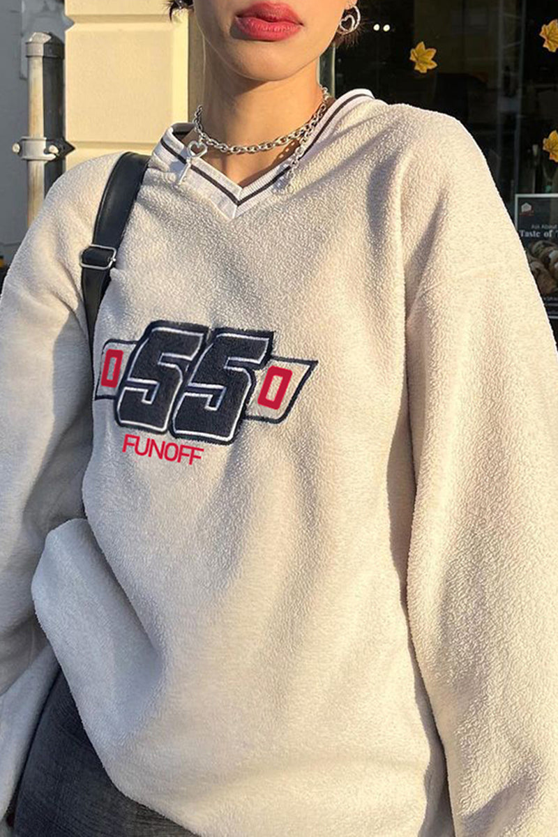 College Contrast V-Neck Print Sweatshirt Loose