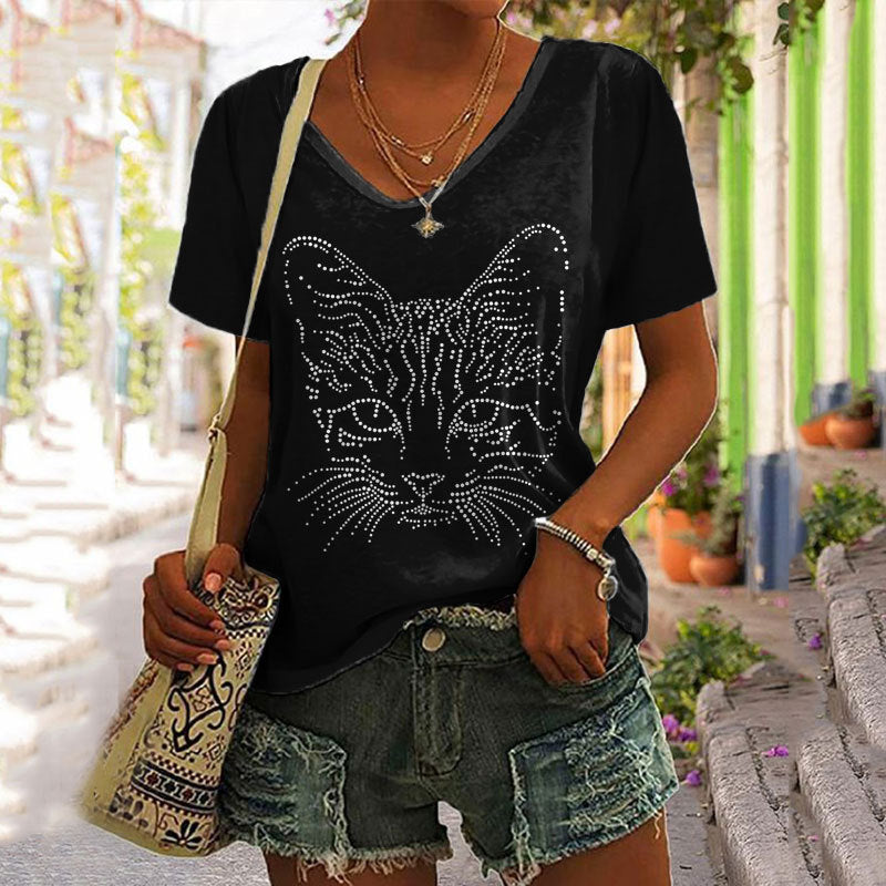 Women's 3D Printed Loose V-Neck Short Sleeve Top